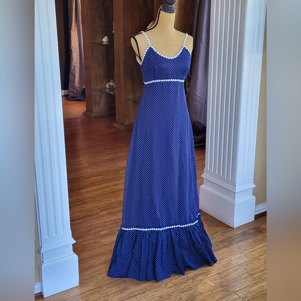 Nadine Vintage 70s Navy Blue Swiss Dot Maxi Dress Size Small